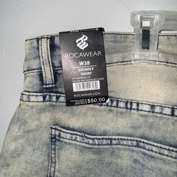 NWT Rocawear Men’s Skinny Short Vintage Blue Cloud Waist 38 RWJ6139 Jean Shorts - Picture 6 of 8